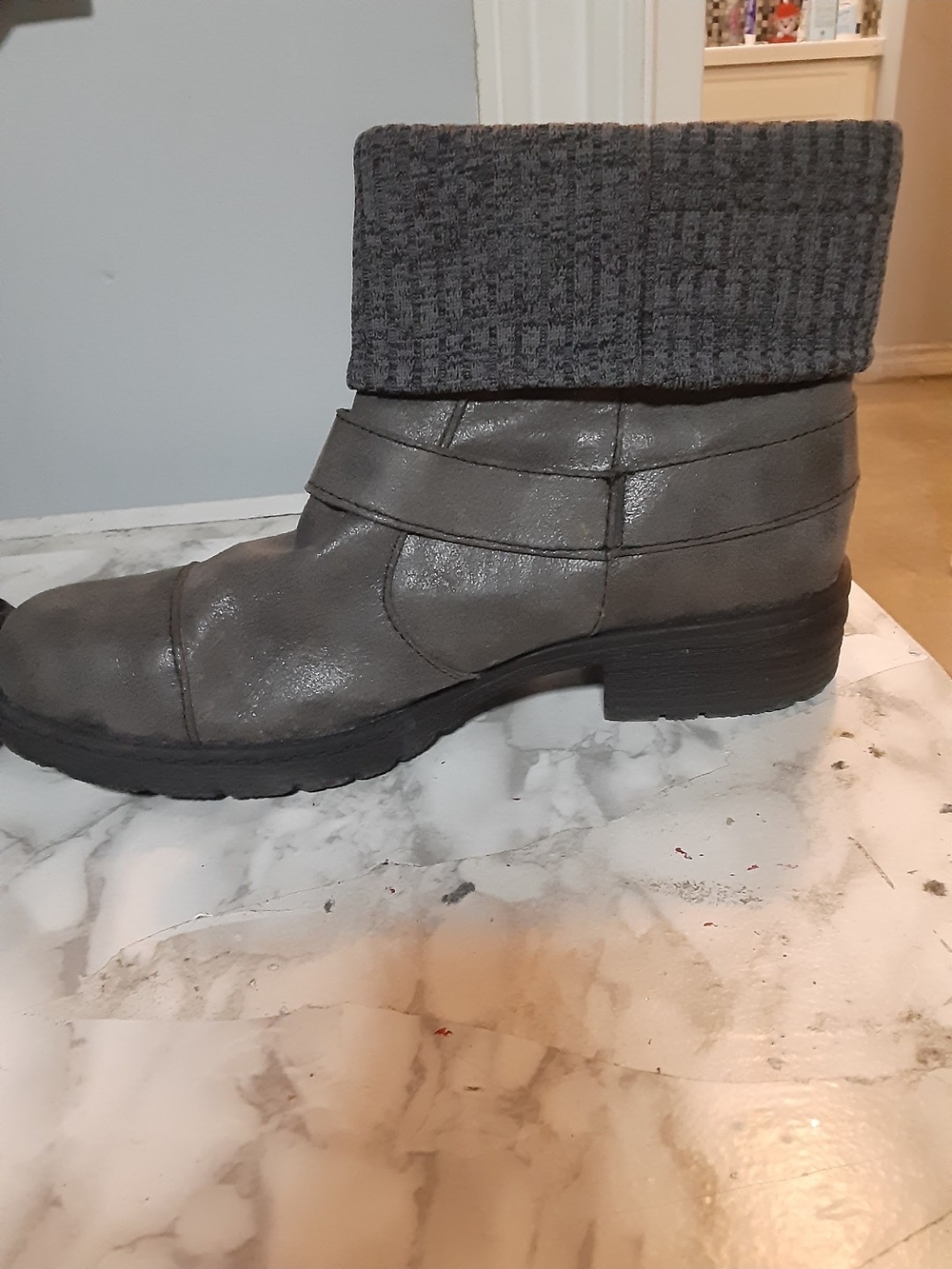 Gray Fold-Over Knit Cuff Ankle Bootie with Buckle - Picture 4 of 4